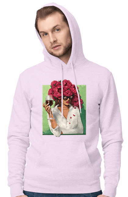 Чоловіче худі з принтом "Дівчина з півоніями та келихом". Вино, дівчина, квітка, келих, літо, окуляри, півонії, сорочка. 2070702