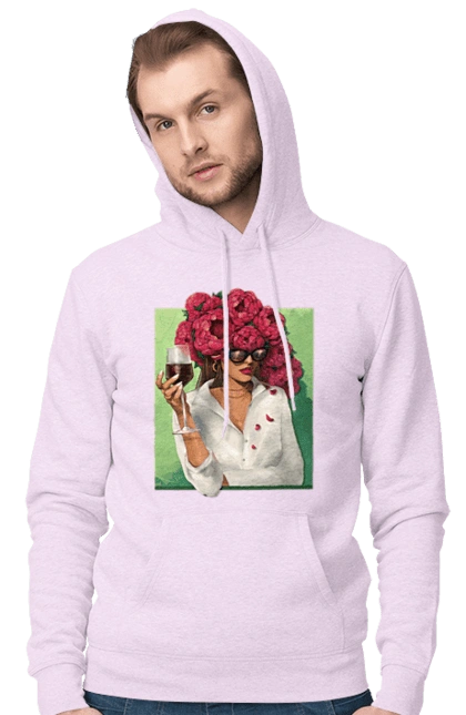 Девушка с пионами и бокалом