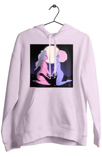 Чоловіче худі з принтом "Дві Інопланетянки І Місяць". Дівчата, зверху, інопланетянки. 2070702