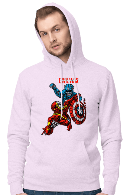 Men's hoodie with prints Iron Man vs Captain America. Avengers, captain america, civil war, comic, comics, film, iron man, marvel, marvel comics, tony stark. 2070702