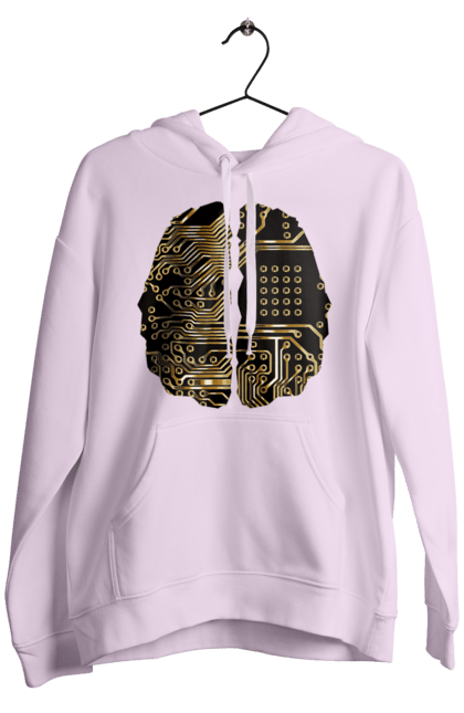 Men`s hoodie with prints It Brain. Brain, chip, code, comp, computer, crystal, cyber, cybernetics, cyborg, developer, engineer, geek, gold, golden, it, it specialist, knowledge, mind, printed circuit board, profession, professional, programmer. 2070702