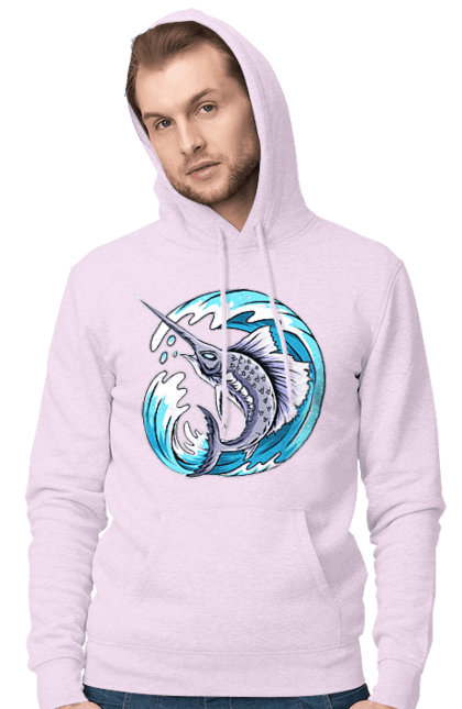 Men`s hoodie with prints Fish Sword And Wave. Swordfish, wave. 2070702