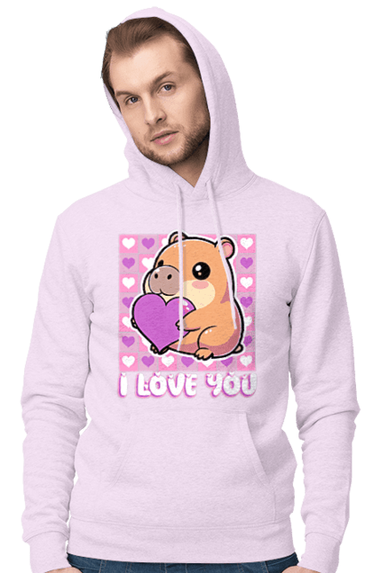 Чоловіче худі з принтом "Закохана капібара". I love you, валентинка, день святого валентина, капибара, кохання, милі тварини, пара капібар, романтика, романтичний подарунок, серця. 2070702