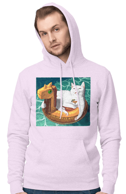 Чоловіче худі з принтом "Білий кіт у плавальному колі, на відпочинку". Басейн, відпочинок, кіт, коктейль, море, плавальний круг. 2070702