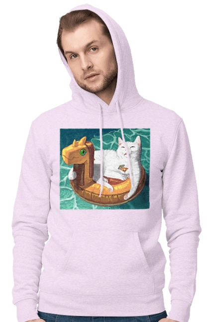 White cat in a swimming circle on vacation