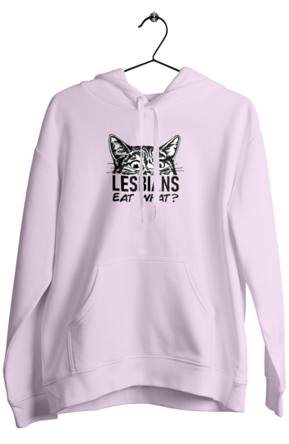 Men`s hoodie with prints What do lesbians eat?. Funny inscriptions, humor, jokes, kittens, lesbians, lgbt. 2070702