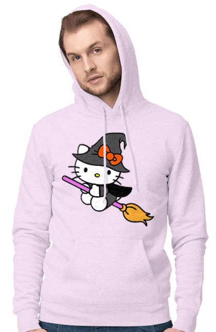 Мужское худи с принтом Хелло Китти Хэллоуин. Halloween, hello kitty, witch, бренд, ведьма, кот, котенок, персонаж, хелло китти, хэллоуин. 2070702