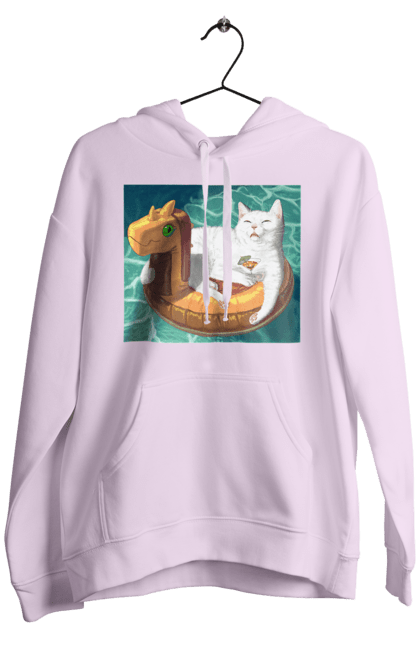 Чоловіче худі з принтом "Білий кіт у плавальному колі, на відпочинку". Басейн, відпочинок, кіт, коктейль, море, плавальний круг. 2070702