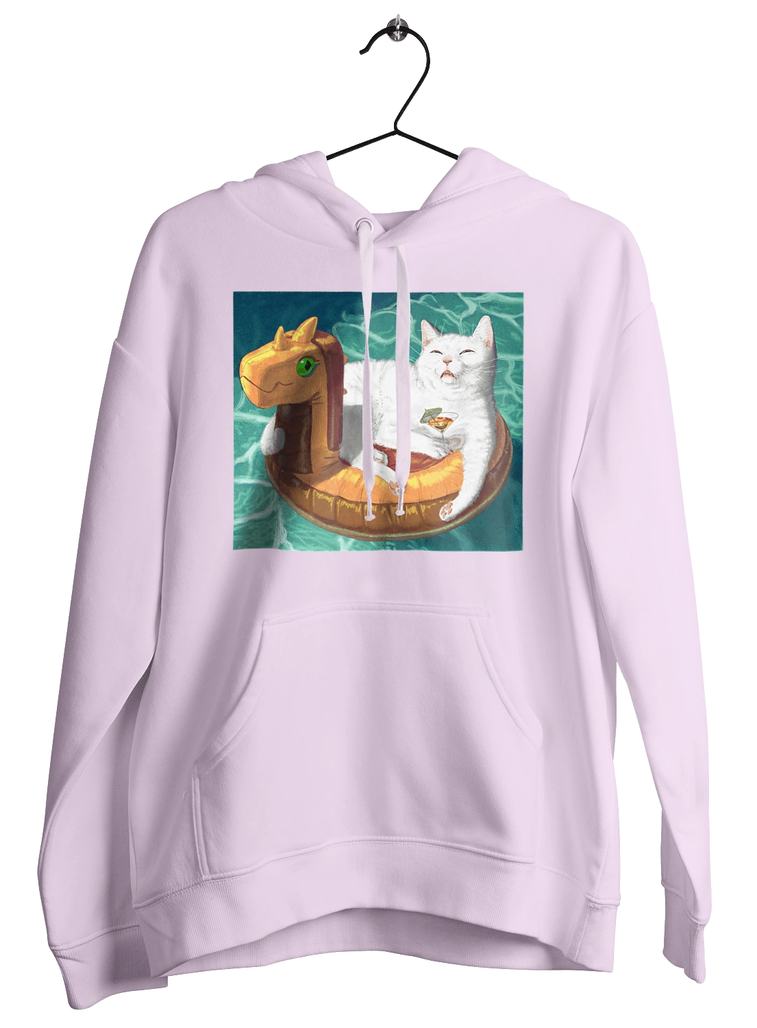 White cat in a swimming circle on vacation