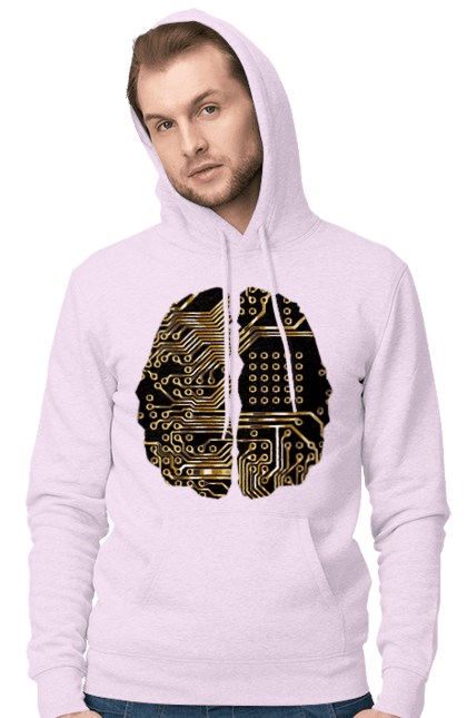 Men`s hoodie with prints It Brain. Brain, chip, code, comp, computer, crystal, cyber, cybernetics, cyborg, developer, engineer, geek, gold, golden, it, it specialist, knowledge, mind, printed circuit board, profession, professional, programmer. 2070702