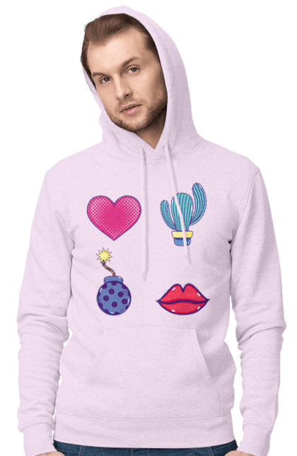 Men`s hoodie with prints Heart, Cactus, Bomb, Lips. Bomb, cactus, lips. 2070702