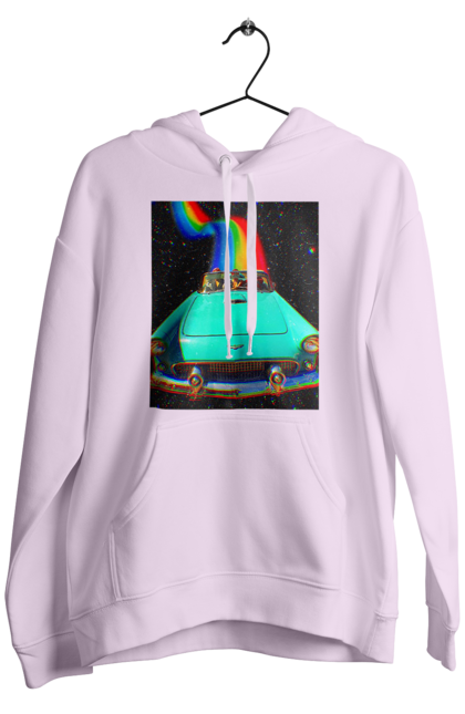 Чоловіче худі з принтом "Картина, машина у космосі". Веселка, картина, космос, машина, подорожі, поїздка, прикол, ретро. 2070702