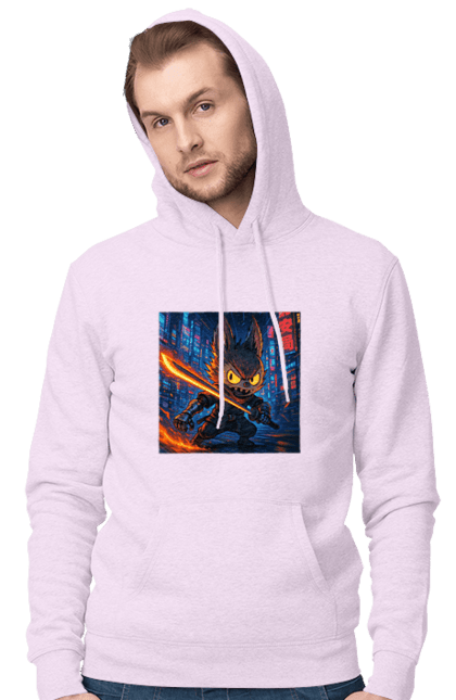 Чоловіче худі з принтом "Лабубу". Аніместиль, дія, катана, кіберніндзя, кіберпанк, лабубу, меч, неонове місто, очі` що світяться. 2070702