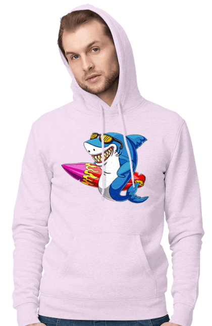 Чоловіче худі з принтом "Акула В Окулярах З Серфінгом". Акула, літо, окуляри, серфінг. 2070702