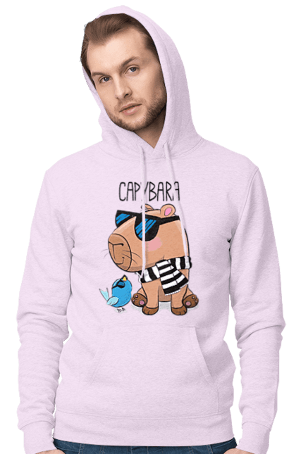 Men`s hoodie with prints Stylish Capybara. Animal, bird, capybara, fashionable capybara, glasses, mood, striped scarf, stylish capybara, sunglasses. 2070702