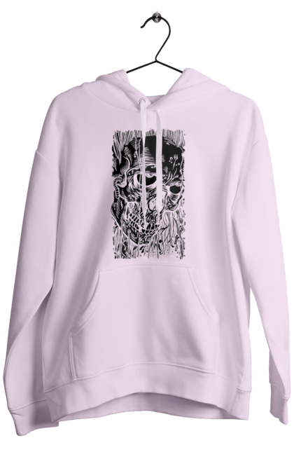 Men's hoodie with prints Skull. Black and white, bones, eyes, scull, teeth, worms. 2070702