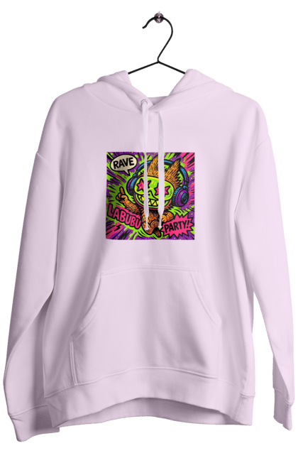 Чоловіче худі з принтом "Лабубу". Вечірка, вуличне мистецтво, графіті, зоряніочі, коміксстиль, лабубу, навушники, неон, попарт, рейв. 2070702
