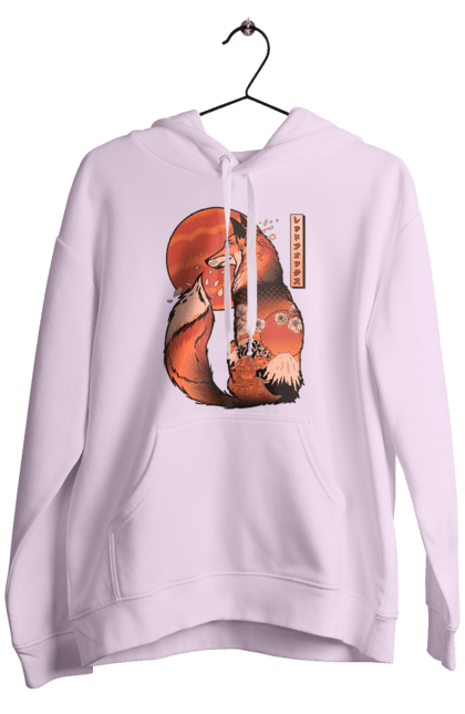 Men's hoodie with prints Kitsune. Animal, cherry blossoms, flowers, fox, great wave, japan, japanese, kitsune, mount fuji, red fox. 2070702