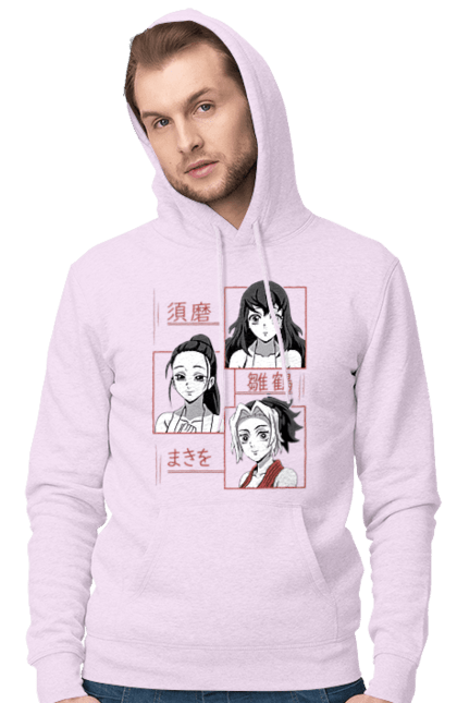 Men's hoodie with prints Demon Slayer Hinatsuru, Makio and Suma. Demon slayer, hinatsuru, makio, suma, tengen. 2070702