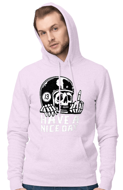 Men`s hoodie with prints Have a nice day. Fak, have a, nice day, scull, thirteen, with a skull. 2070702