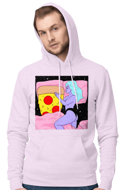 Men`s hoodie with prints Purple Girl And Pizza. Bed, girl, pizza. 2070702