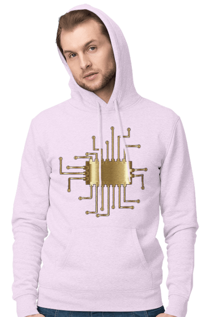 Чоловіче худі з принтом "Золотий Чіп". Айті, айтішник, гик, золотий, золото, інженер, кібернетика, код, комп, комп’ютерник, кристал, мікросхема, програміст, професія, розробник, чіп. 2070702