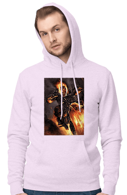 Men`s hoodie with prints Hell Racer. Chopper, fire, hell racer, motorcycle, skeleton. 2070702