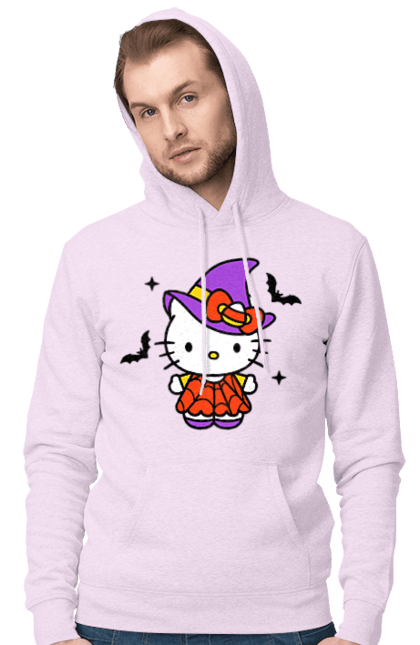 Мужское худи с принтом Хелло Китти Хэллоуин. Halloween, hello kitty, witch, бренд, ведьма, кот, котенок, персонаж, хелло китти, хэллоуин. 2070702