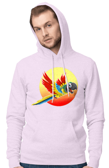 Чоловіче худі з принтом "Папуга На Тлі Сонця". Ара, веселий, відпочинок, відпустка, диск, жарко, жовтий, коло, кольоровий, крила, літає, літо, папуга, папужка, пір`я, політ, помаранчевий, птах, різнокольоровий, сонце, сонячно, спека, тепло, тропіки, у польоті, червоний. 2070702