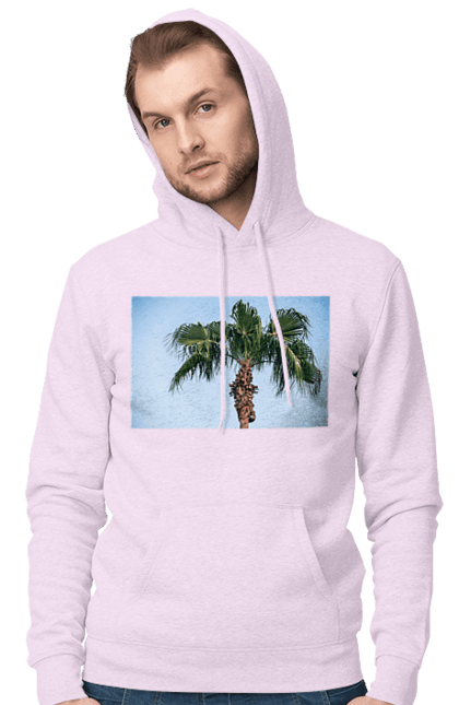 Чоловіче худі з принтом "Пальма на тлі неба". Берег, блакитне, відпочинок, відпустку, єгипет, зелений, зелені, лист, листя, море, небо, оазис, океан, острів, пальма, південь, подорож, пригоди, тропіки, туреччина. 2070702