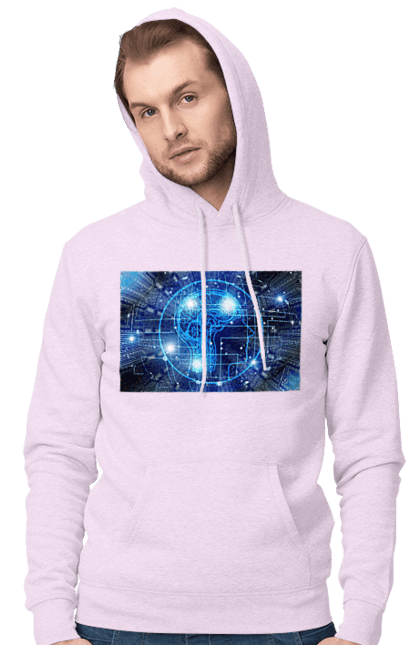 Чоловіче худі з принтом "Штучний інтелект". Айті, айтішник, гік, знання, інженер, інтелект, кібер, кібернетика, кіборг, код, комп, комп`ютерник, кристал, машинне навчання, мікросхема, мозок, портрет, програміст, професіонал, професія, розробник, розум, хакер, чіп, штучний інтелект, штучний розум. 2070702