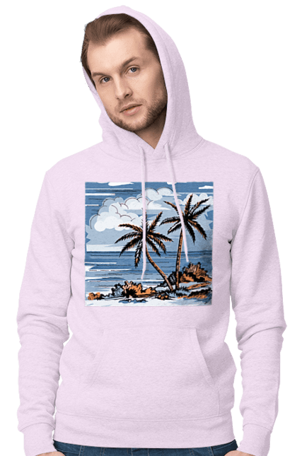 Men`s hoodie with prints Palm Trees And Sky. Clouds, palm trees, sea, sky. 2070702