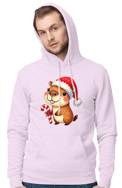 Men's hoodie with prints Capybara with Christmas Candy. Animal, capybara, christmas, christmas capybara, gift, holiday, lollipop, new year, new year`s gift, santa. 2070702