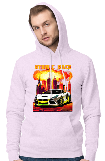 Чоловіче худі з принтом "Атомна гонка". Авто, автомобіль, атомні перегони, гонки, гоночні машини, спортивна машина, спорткар. 2070702