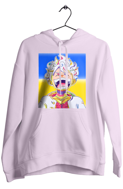 Чоловіче худі з принтом "Монкі д Луффі сміється на жовто блактному фоні". Ван піс, луффі, монкі д. луффі, прапор україни, символ україни, україна. 2070702