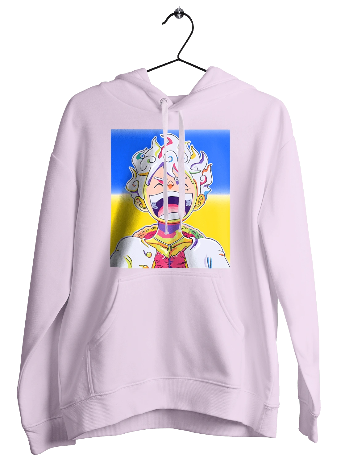 Монки д Луффи смеется на желтом синем фоне.