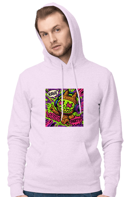 Чоловіче худі з принтом "Лабубу". Вечірка, вуличне мистецтво, графіті, зоряніочі, коміксстиль, лабубу, навушники, неон, попарт, рейв. 2070702