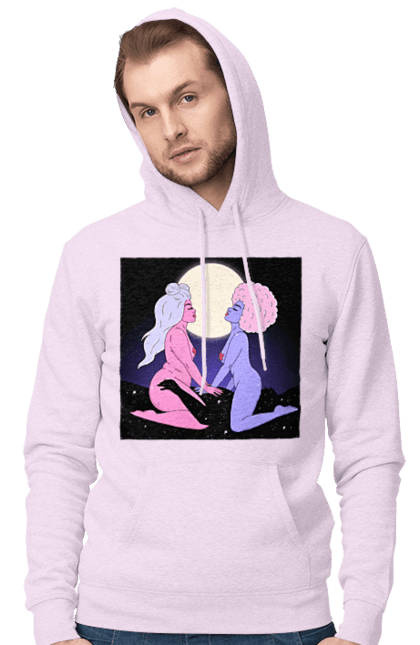 Чоловіче худі з принтом "Дві Інопланетянки І Місяць". Дівчата, зверху, інопланетянки. 2070702