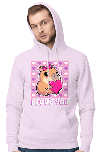 Чоловіче худі з принтом "Закохана капібара". I love you, валентинка, день святого валентина, капибара, кохання, милі тварини, пара капібар, романтика, романтичний подарунок, серця. 2070702
