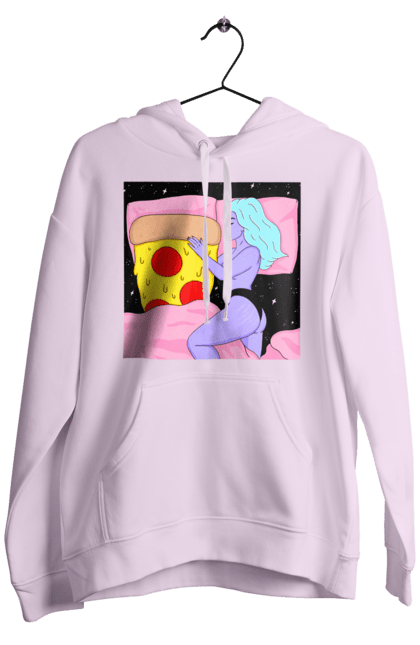 Men`s hoodie with prints Purple Girl And Pizza. Bed, girl, pizza. 2070702
