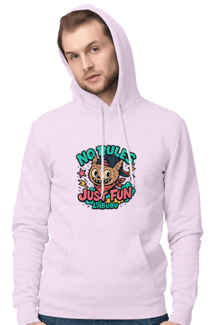 Чоловіче худі з принтом "Лабубу". Norulesjustfun, y2k, бандана, вуличний стиль, грайливий, графіті, зухвалий, лабубу, ретромультяшка, яскраво. 2070702