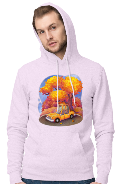 Чоловіче худі з принтом "Осiнь Авто Дерево". Дерево, жовтий мила ілюстрація, машина, осінь, помаранчевий. 2070702