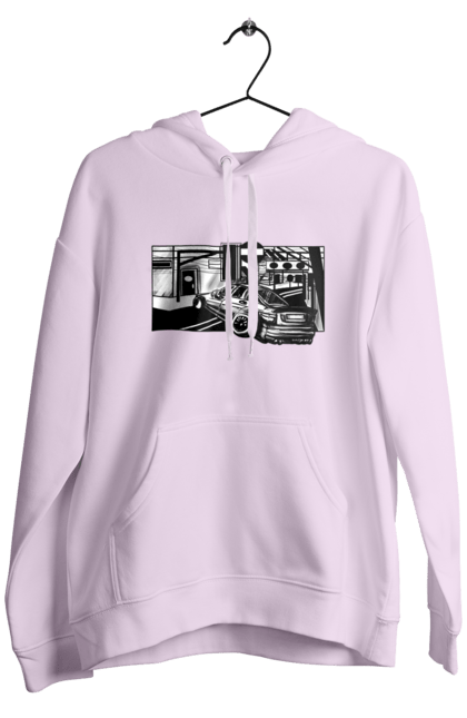 Men`s hoodie with prints Dangerous Car on the roads of the streets. Black and white, car, dangerous, fast, machine, race. 2070702