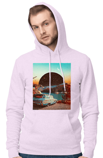 Чоловіче худі з принтом "Картина, машина біля річки". Картина, машина, планета, прикол, ретро, річка. 2070702