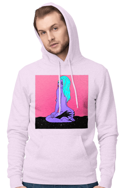 Чоловіче худі з принтом "Фіолетова Дівчина В Руках". Дівчина, інопланетянка, сидить. 2070702