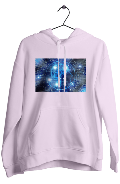 Чоловіче худі з принтом "Штучний інтелект". Айті, айтішник, гік, знання, інженер, інтелект, кібер, кібернетика, кіборг, код, комп, комп`ютерник, кристал, машинне навчання, мікросхема, мозок, портрет, програміст, професіонал, професія, розробник, розум, хакер, чіп, штучний інтелект, штучний розум. 2070702