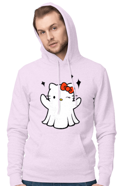 Мужское худи с принтом Хелло Китти Хэллоуин. Ghost, halloween, hello kitty, бренд, кот, котенок, персонаж, привидение, хелло китти, хэллоуин. 2070702