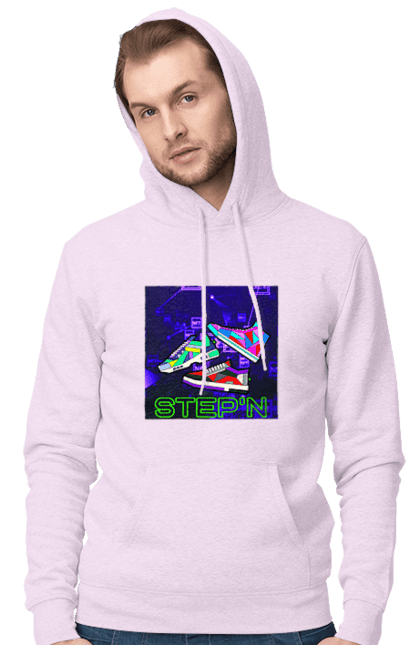 Чоловіче худі з принтом "Step`n". Віртуальні кросівки, крипта, криптовалюти, нфт, нфт кросівки, солана, степен. 2070702