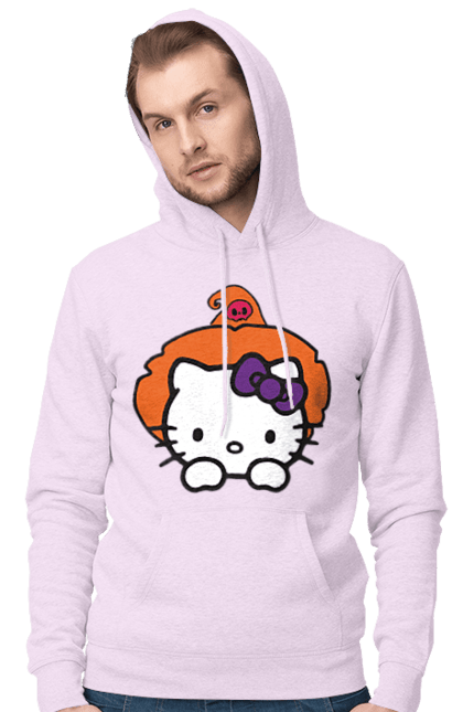 Мужское худи с принтом Хелло Китти Хэллоуин. Halloween, hello kitty, witch, бренд, ведьма, кот, котенок, персонаж, хелло китти, хэллоуин. 2070702