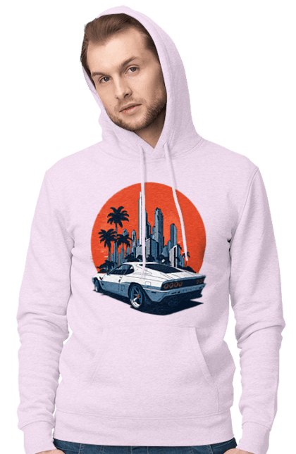 Чоловіче худі з принтом "Авто". Гонка, захід сонця, спортивний автомобіль, швидкість. 2070702